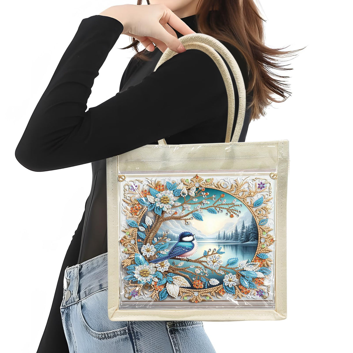 BAYUNOE Handbag Handmade Diamond Art Painting Purses Non-woven DIY Shoulder Grocery Bag Shopping Bag for Women Art Craft Gift-Lake BAYUNOE