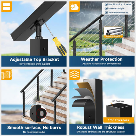 Gyykzz 36" Aluminum Cable Railing Stair Post Perfect for Coastal Projects, 33° Drilled Stair Wire Deck Post for 28-38 Degrees Stair, Black Coating Stair Post for Cable Railing System Outdoor Seaside Gyykzz