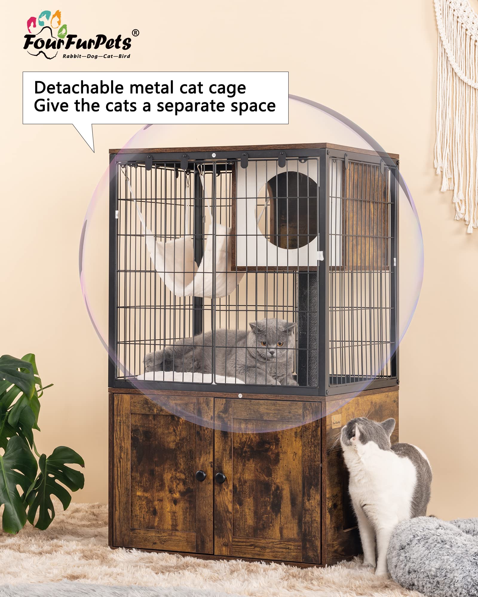 Fourfurpets Cat Litter Box Enclosure, Cat Trees, Wire Cat Cages, All-in-one, Removable and Washable Cushion, Hammock, Natural Sisal Posts, Anti-tip, Height-Adjustable, Rustic Brown - WoodArtSupply