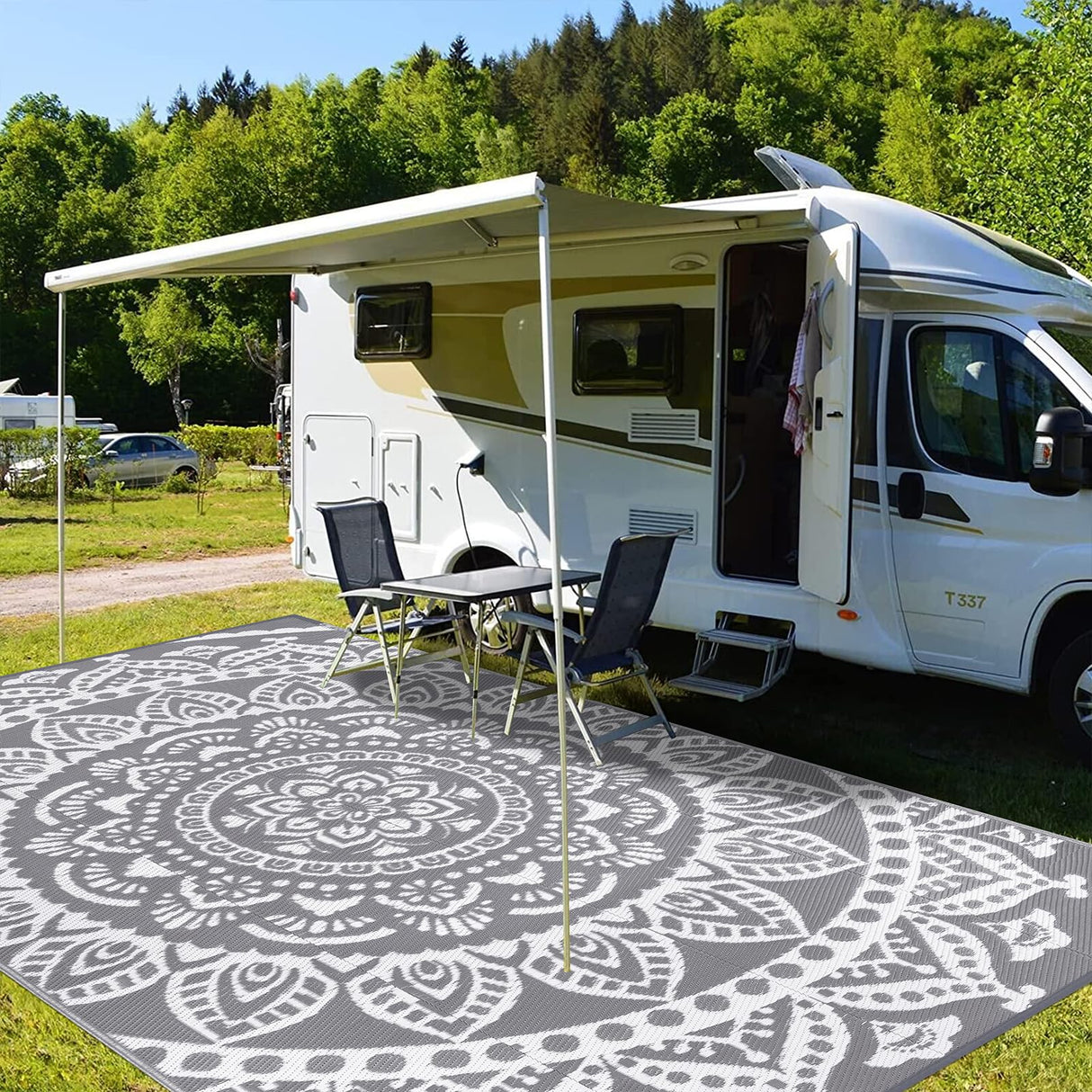 Bsmathom Waterproof Outdoor Rug 6'x9' Reversible Boho Plastic Straw Patio Deck Camping Rugs, Indoor Outdoor Portable RV Mat Clearance Carpet for Outside, Porch, Balcony, Backyard, Beach, Pool,Grey Bsmathom