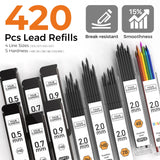 Four Candies Metal Mechanical Pencil Set, 3PCS Art Drafting Pencils 0.5, 0.7, 0.9MM & 2PCS 2MM Mechanical Drawing Pencils with 420PCS Leads (4B 2B HB 2H Color) for Writing Sketching Drawing (Black) Four Candies