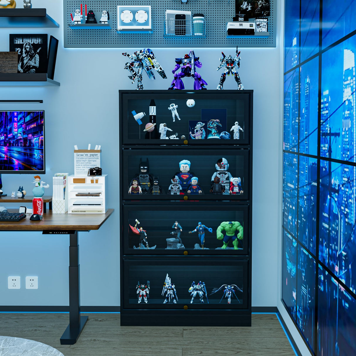 BONITURE Display Cabinet with Acrylic Glass Doors,4-Tiers Curio Cabinet with LED Lighting for Collectibles, Collectibles Toy Organizers Rack & Display Shelf Display Case Storage Cabinet, Black BONITURE