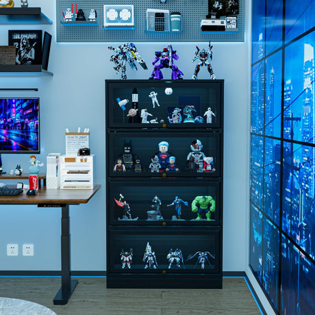 BONITURE Display Cabinet with Acrylic Glass Doors,4-Tiers Curio Cabinet with LED Lighting for Collectibles, Collectibles Toy Organizers Rack & Display Shelf Display Case Storage Cabinet, Black BONITURE