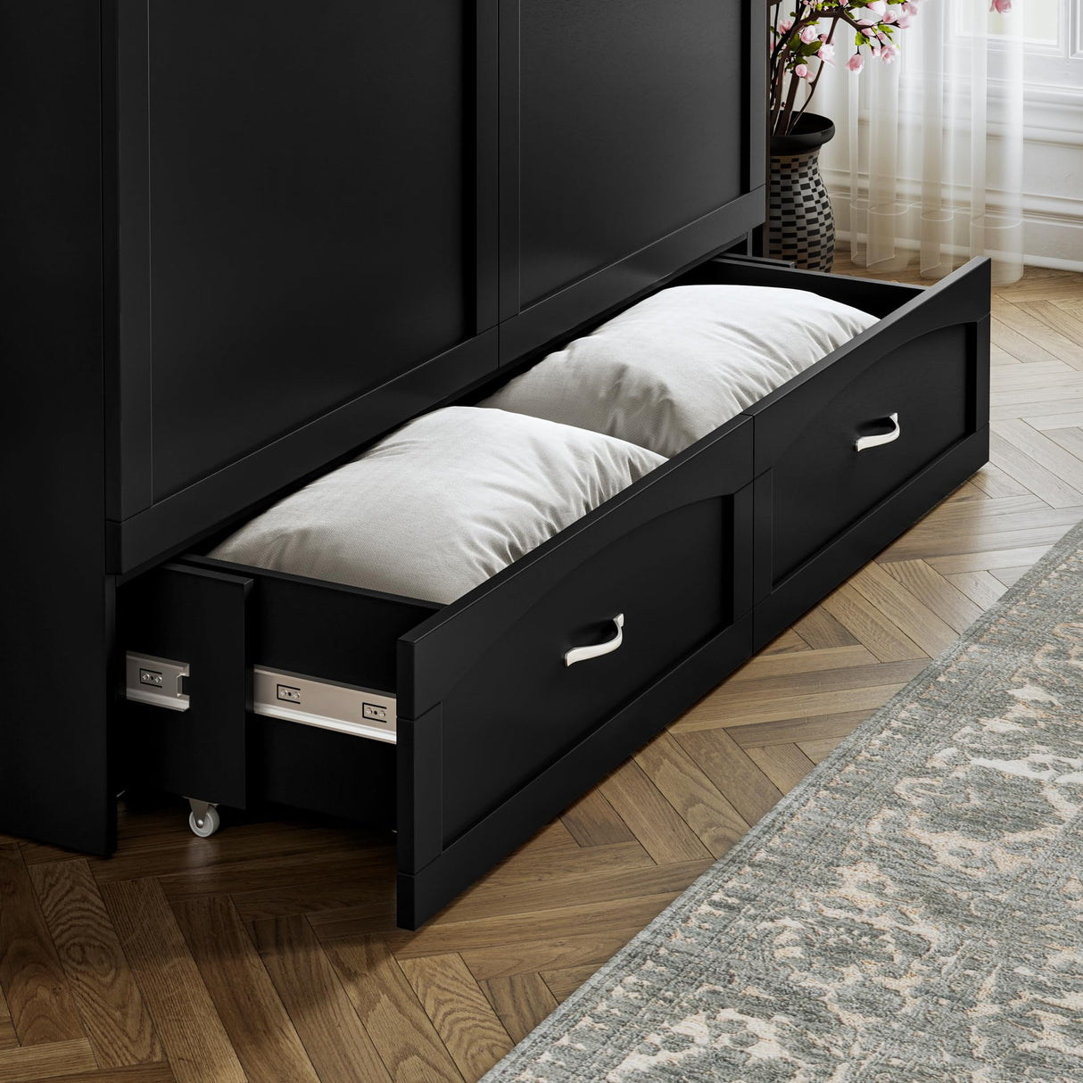 AFI, Marion Queen Wood Murphy Bed Chest with 6" Mattress, Storage Drawer, & Built-in Charger, Black AFI