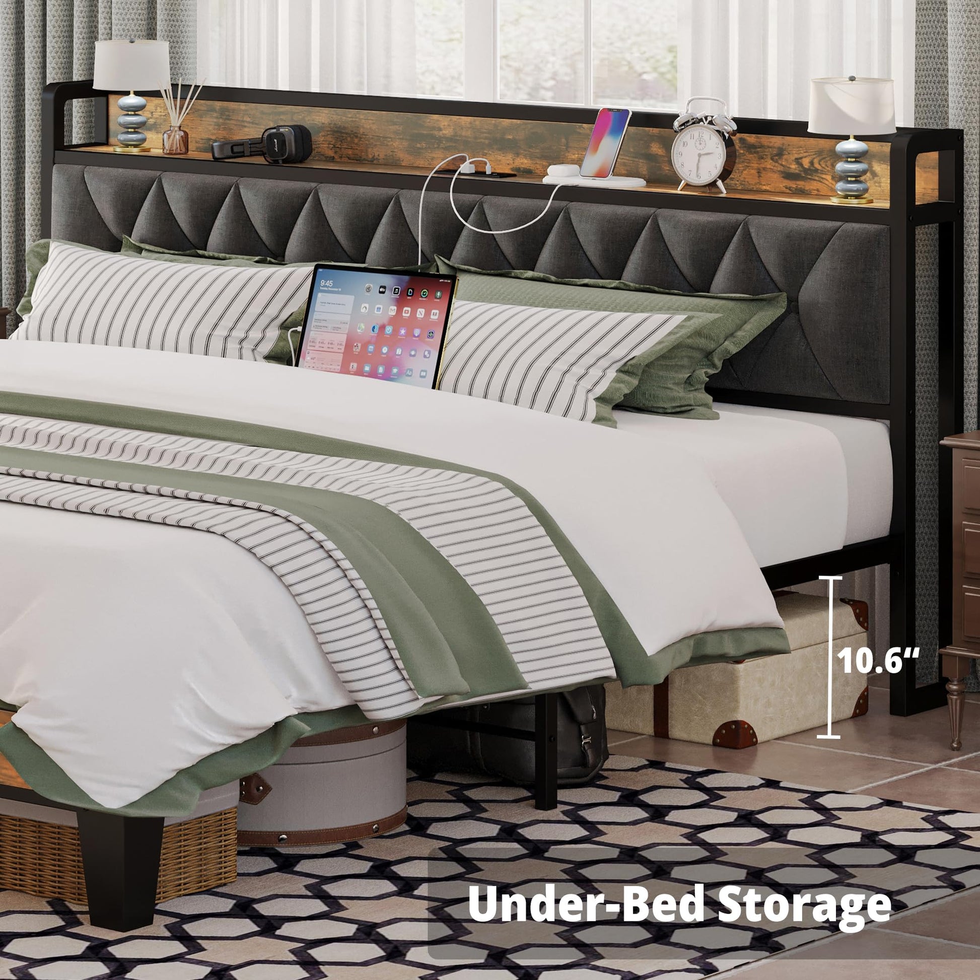 ANCOTOR King Size Bed Frame with Storage Headboard & Outlets – Sturdy, Noise-Free Design, Easy Assembly - WoodArtSupply