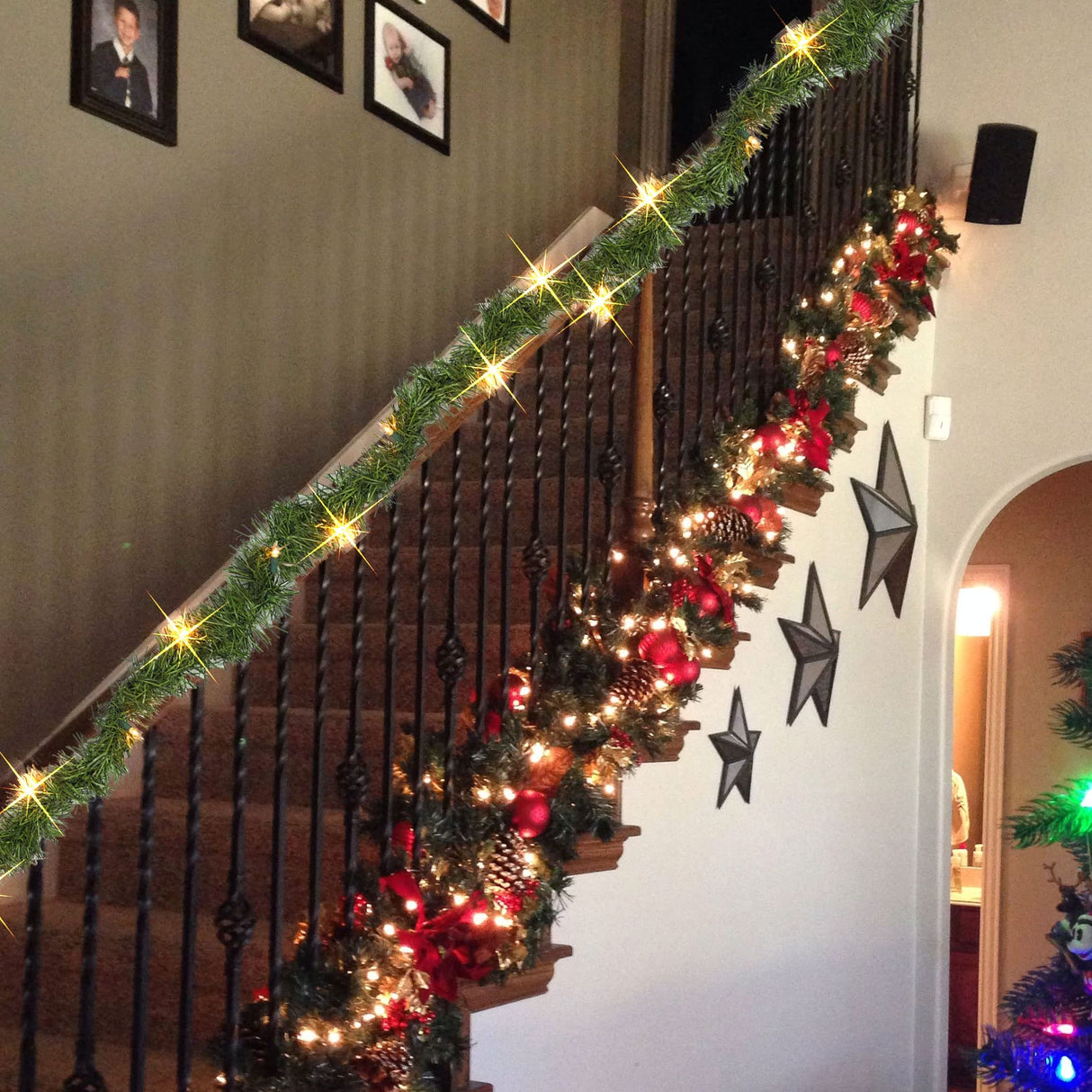 Dazzle Bright 15 FT Artificial Christmas Garland, Pre-Lit 35 Count Mini String Lights Plug in Xmas Garland, Lighted Christmas Decoration for Indoor Holiday Door Home Stairs Decor Dazzle Bright