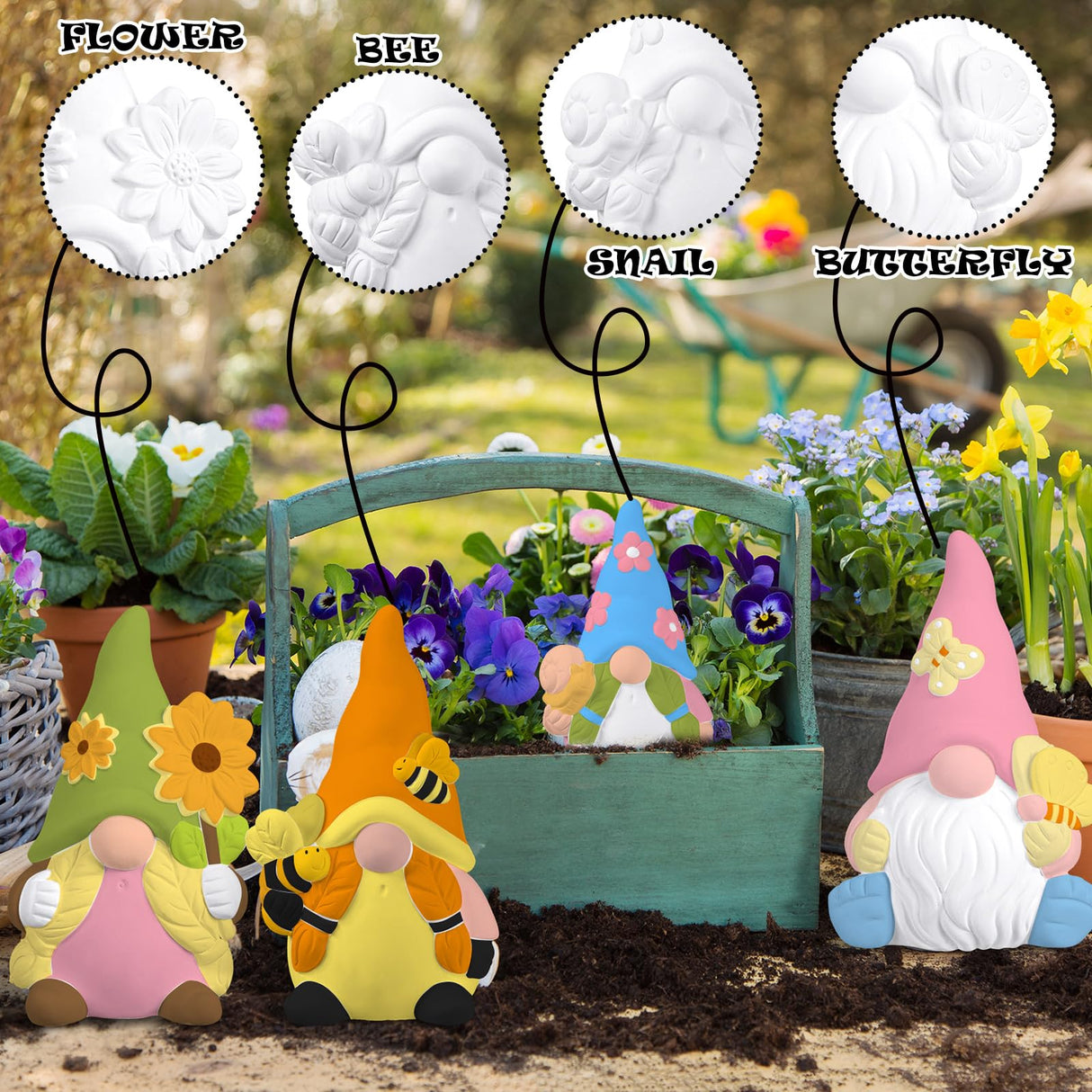 Poen 6 Sets Ready to Paint Your Own Ceramic Gnome Statues Spring DIY Unpainted Ceramics Gnome Figurines Kit Drawing Figurines DIY Art and Craft with Brush Palette Paint for Adult Poen