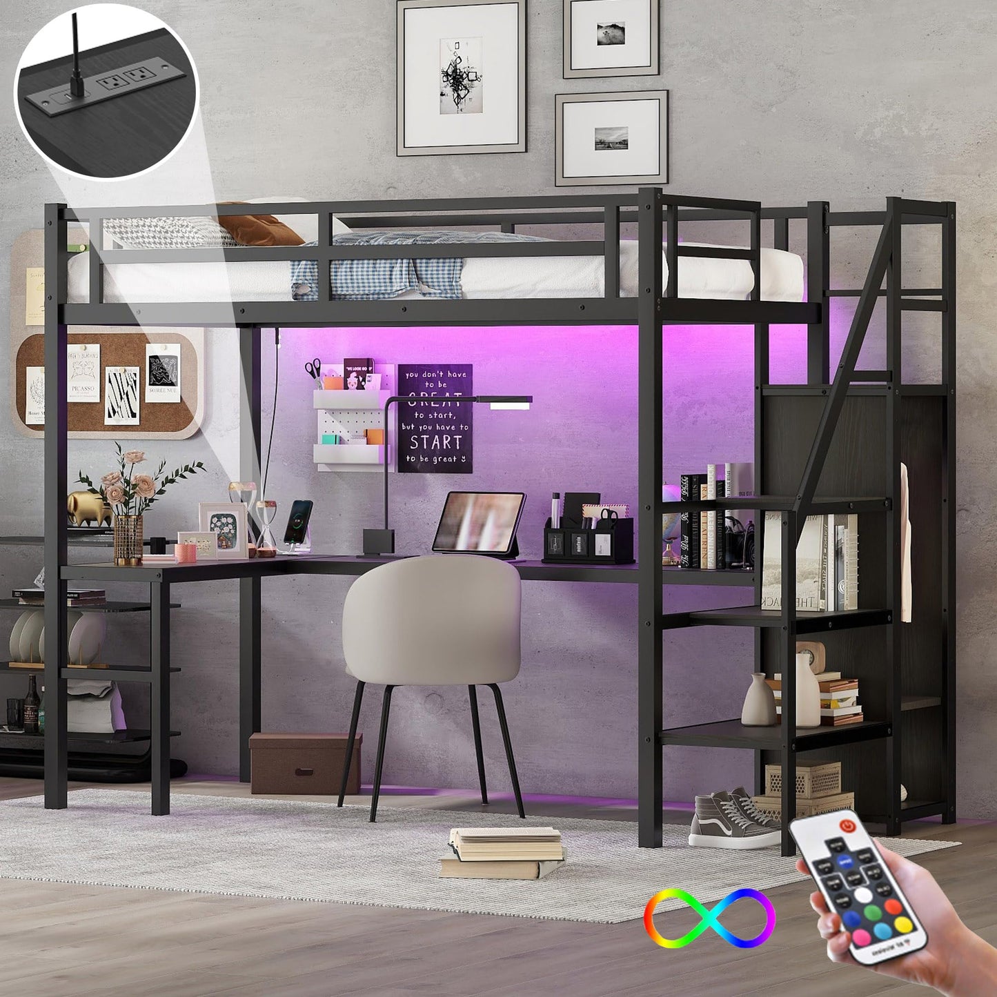 Metal Twin XL Size Loft Bed with Desk and Wardrobe,Heavy Duty Loft Bed Frame with Storage Stairs,LED Loft Bed Twin XL with Charging Station, Space Saving Loft Bed Twin XL for Kids,Teens,Adults,Black