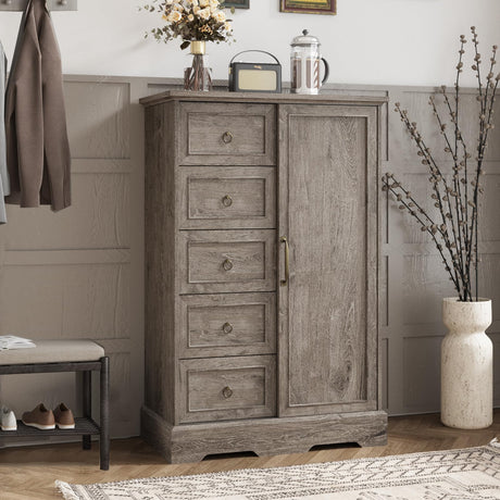 Vabches Farmhouse Dresser Storage Cabinet Chest of Drawer for Bedroom, 5 Drawer Dresser with Sliding Barn Door, 48" Tall Wood Rustic Dresser for Bedroom, Living Room, Entryway, Hallway, Washed Grey Vabches