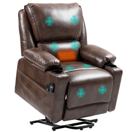 HOMCOM Power Lift Recliner Chair Sofa with Vibration Massage and Heat, Faux Leather Wide Lift Chair for Elderly, Overstuffed Reclining Chair with Remote Control, USB Port and Side Pockets, Brown HOMCOM
