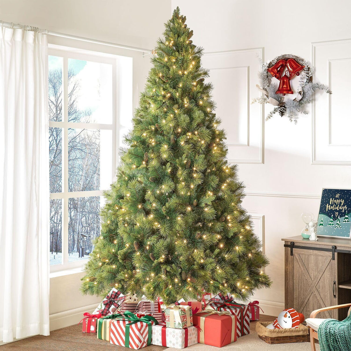 Vail 9ft Prelit Artificial Christmas Tree with Pine Cones, Foot Pedal, 2294 Branch Tips, 1050 Warm Lights and Metal Stand, 62" Wide Realistic Traditional Christmas Tree with Lights by Naomi Home Naomi Home