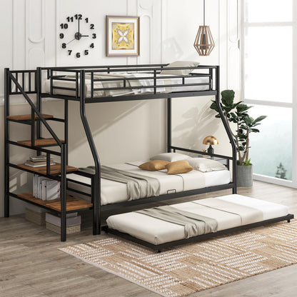 Ziraukon Twin Over Full Bunk Beds with Stairs and Trundle, Metal Bunk Bed with Storage, Safe Guardrails, No Box Spring Needed, Black