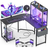 Besiost L Shaped Desk with Hutch, L shaped Computer Desk with Power Outlet and LED Lights, Reversible Corner Gaming Desk with Monitor Stand, L Shaped Desk Home Office Desk with Storage Bag, Black Besiost
