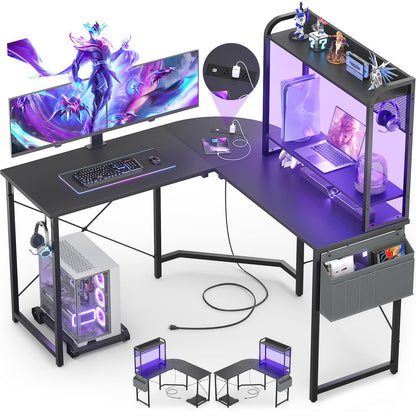 Besiost L Shaped Desk with Hutch, L shaped Computer Desk with Power Outlet and LED Lights, Reversible Corner Gaming Desk with Monitor Stand, L Shaped Desk Home Office Desk with Storage Bag, B - WoodArtSupply