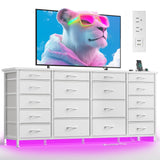 EnHomee 63" W 18 Drawers Dresser with LED Lights & Power Outlets Long Dresser for 65" TV Stand for Bedroom Large Fabric Dressers & Chests of Drawers for Bedroom, Sturdy Metal Frame (White) EnHomee