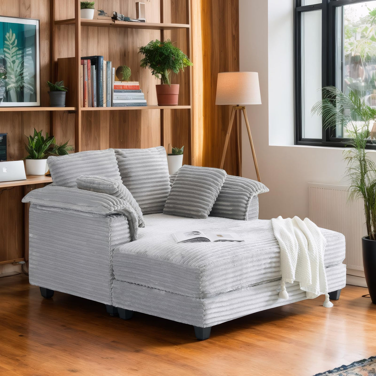 VINGLI 56" Oversized Chaise Lounge Chair, Light Grey Comfy Corduroy Chaise Sofa Recliner Bed Upholstered Sleeper Couch Bed with Throw Pillows and Armrests for Living Room, Movie Room, Bedroom VINGLI