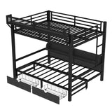 Queen Over Queen Metal Bunk Bed with Storage Drawers and Shelves, Heavy Duty Bunk Beds with LED Lights and Charging Station for Kids,Adults,Convertible into a Sofa Bed,Black Bellemave