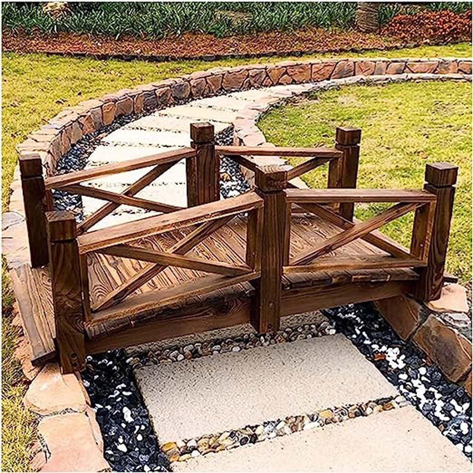 4.6ft Long Garden Decor Outdoor Bridge, Classic Wooden Arched Footbridge, for Fish Pound/Creek Bed/Farm, Easy to Install - WoodArtSupply