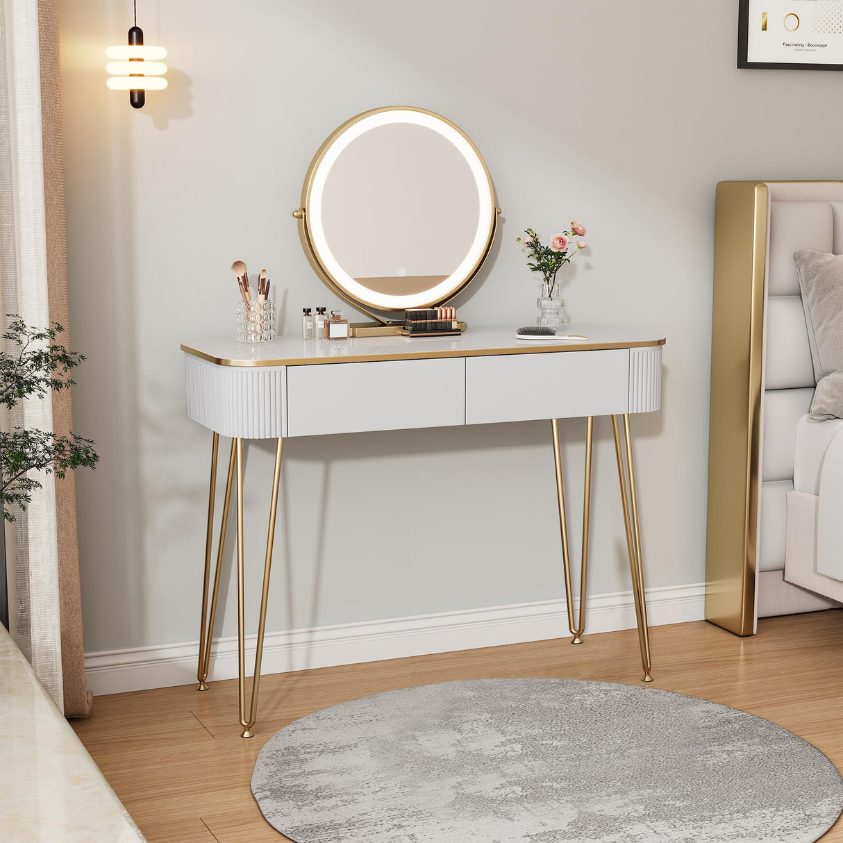 KDCAS Modern Vanity Desk with Mirror and Lights, 39" White and Gold Makeup Vanity Table with 2 Storage Drawers, Stylish Gold Dressing Table for Small Spaces & Bedroom KDCAS