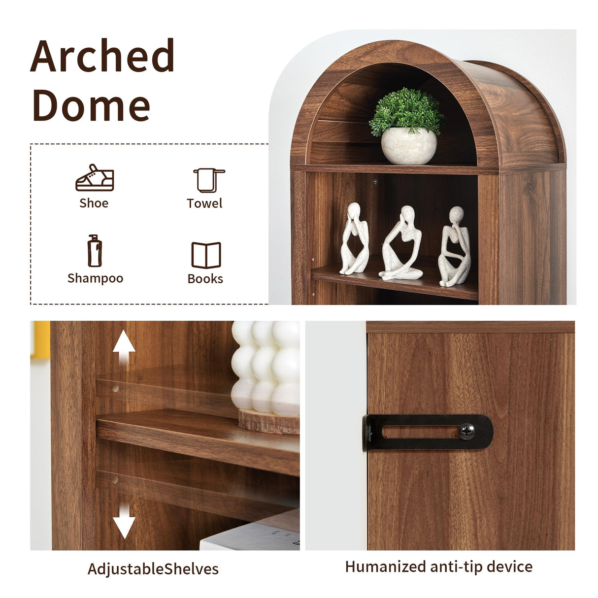 Tall Narrow Arched Bookshelf, 8-Tier Skinny Arch Bookcase for Small Space, Freestanding Storage Organizer with Adjustable Shelves, Open Display Shelves for Living Room, Entryway, Bathroom (Walnut) Turtle&Myrtle