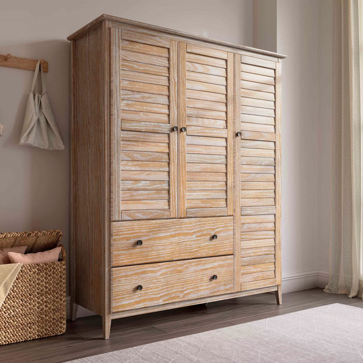 Grain Wood Furniture Greenport 3-Door Wardrobe, Solid Wood with Brushed Driftwood Finish Grain Wood Furniture