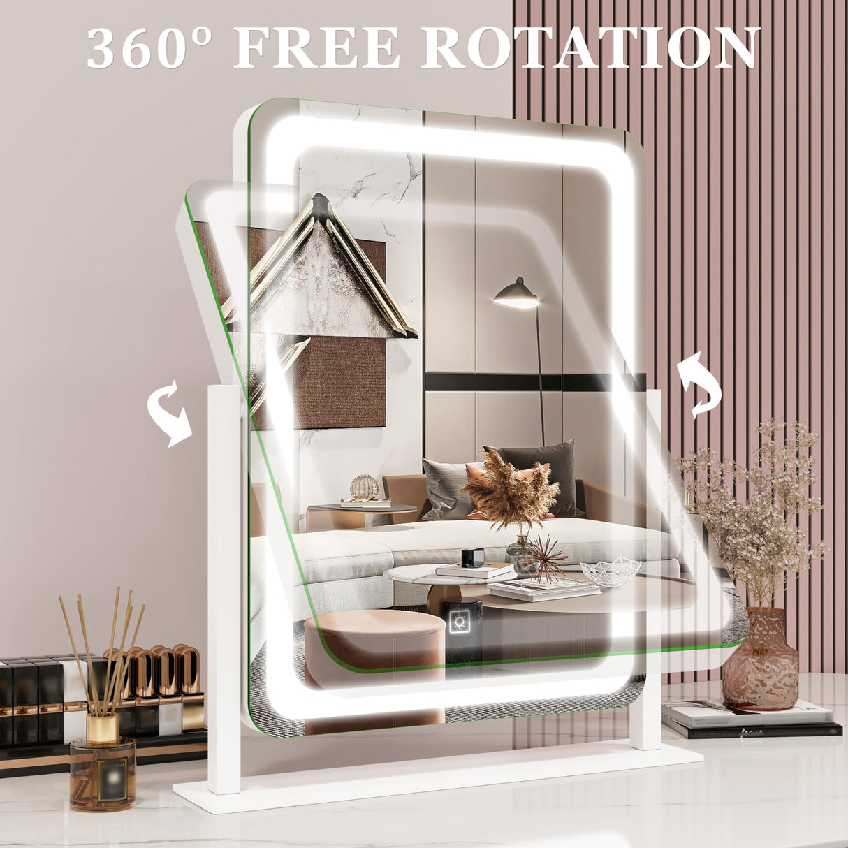 ROLOVE Vanity Mirror with Lights, 12.6"×15" LED Makeup Mirror, Lighted Makeup Mirror with Lights, Smart Touch Control Dimmable 3 Modes Light, Lighted Up Mirror for Makeup Desk, Bedroom, Dressing Room ROLOVE