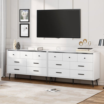 DWVO 7 Drawer Dresser for Bedroom, White Wood Storage Dressers & Chests of Drawers with Black Metal Handle ＆ Anti-Tipping Device, Modern Double Dresser Storage Cabinet Living Room Hallway, Entryway