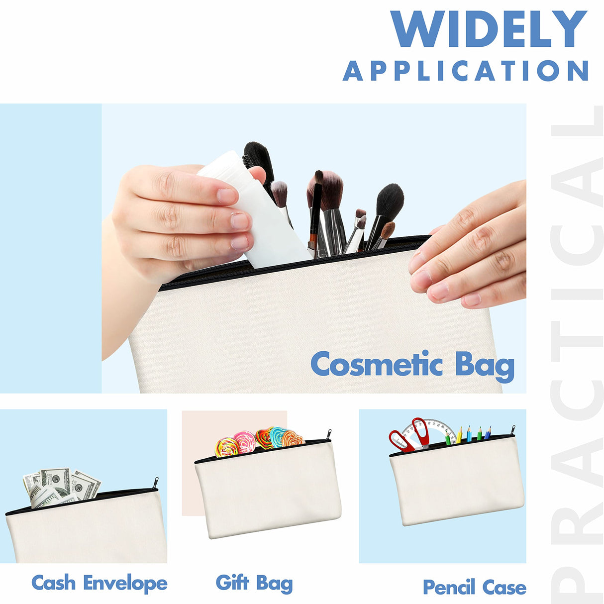 15 Pack Blank Cotton Canvas DIY Craft Zipper Bags Pouches Pencil Case for Makeup Cosmetic Toiletry Stationary Storage (off white, 8.3” x 4.7”) Vantasii