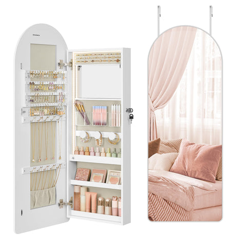 SONGMICS Wide Jewelry Organizer, LED Jewelry Cabinet Wall/Door Mounted, Arched Mirror with Storage, Lockable, Rounded Corner, Interior Mirror, 3.9 x 16.5 x 42.5 Inches, Cloud White UJJC020W01 SONGMICS