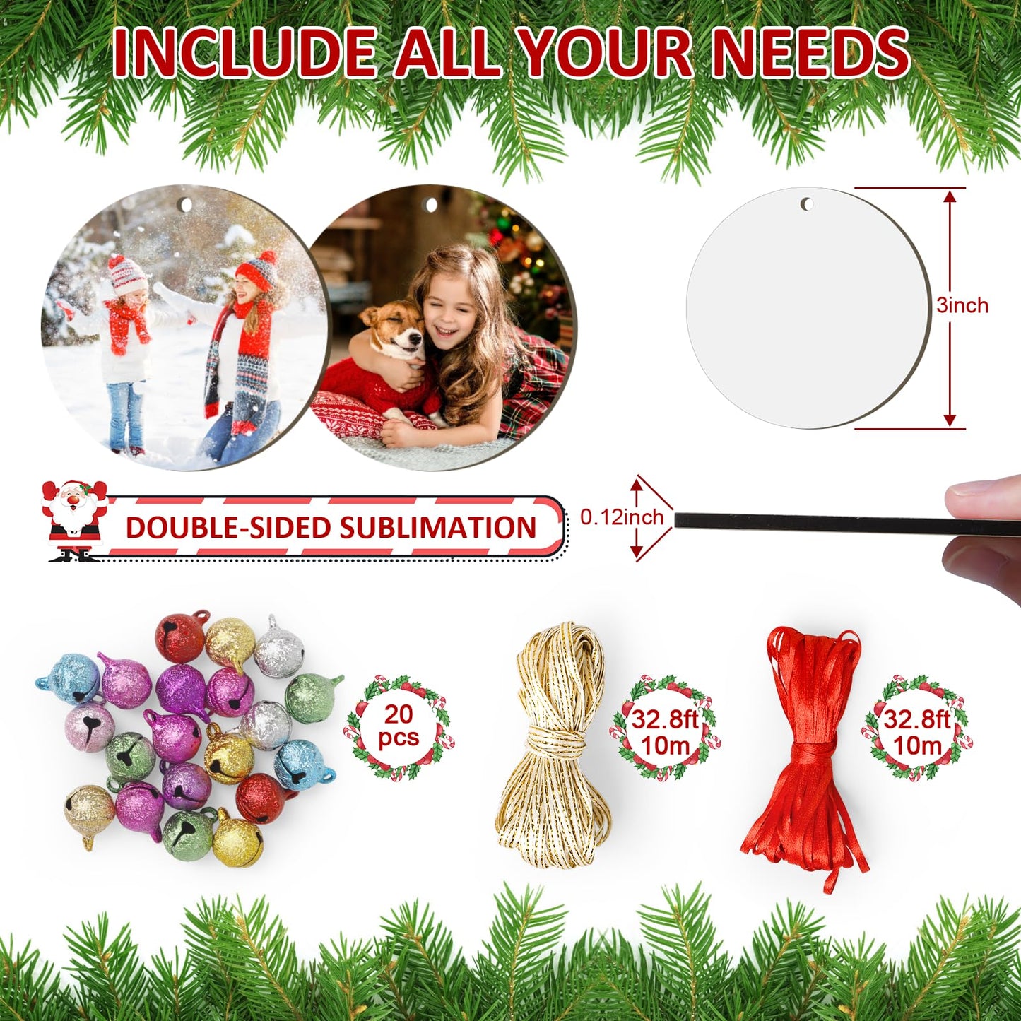 Sublimation Ornament Blanks, 20Pcs 3" Sublimation Blanks Round Double Side Sublimation Christmas Ornament Blanks with Scrub Bells Red and Golden String for Christmas Tree Decor, DIY Handmade Crafts