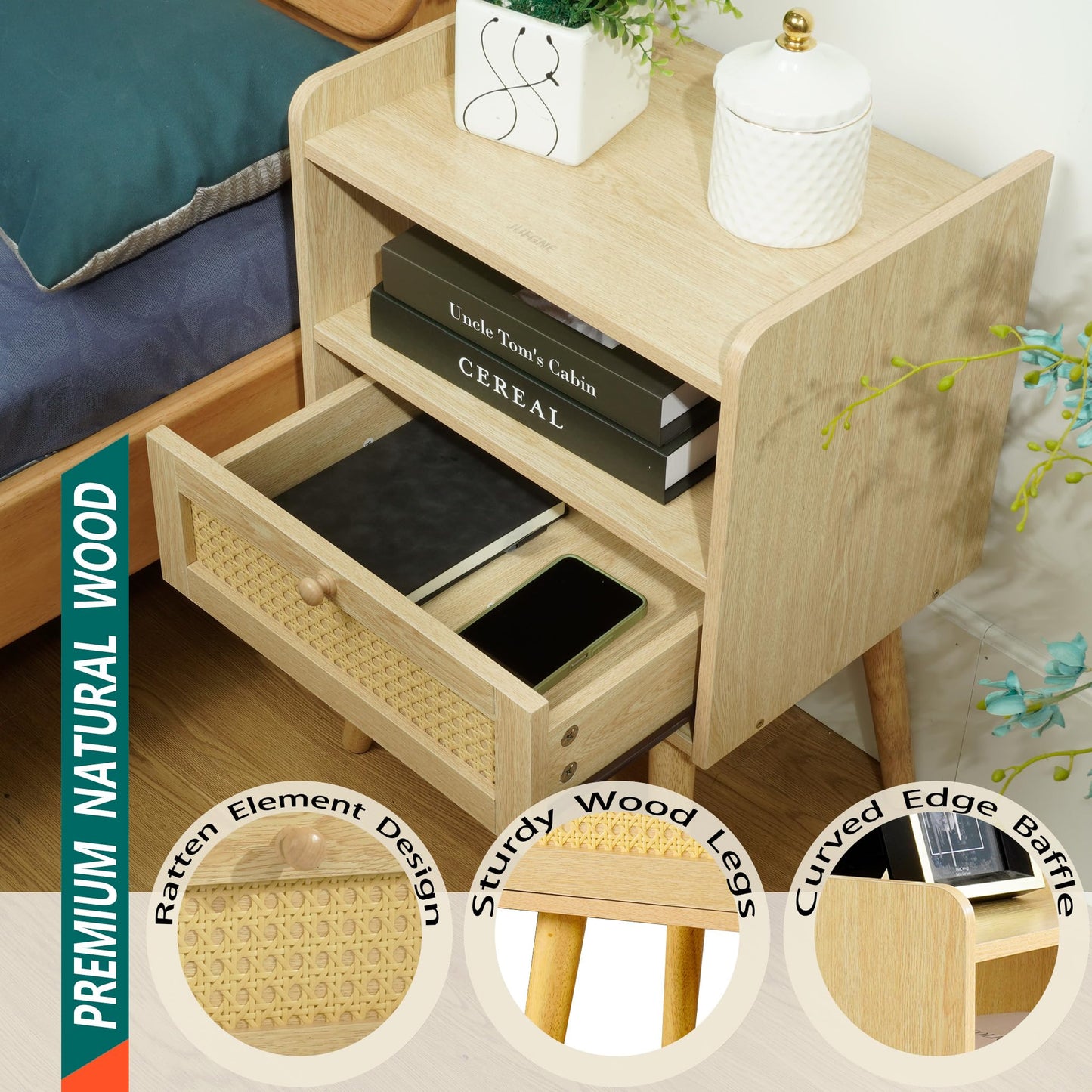 Rattan Nightstand Bedside Tables Side End Tables Bedroom Small Night Stand Bed Side Table with Drawers Boho Wood Nightstand Mid Century Nightstand with Solid Wood Legs End Tables Living Room Natural