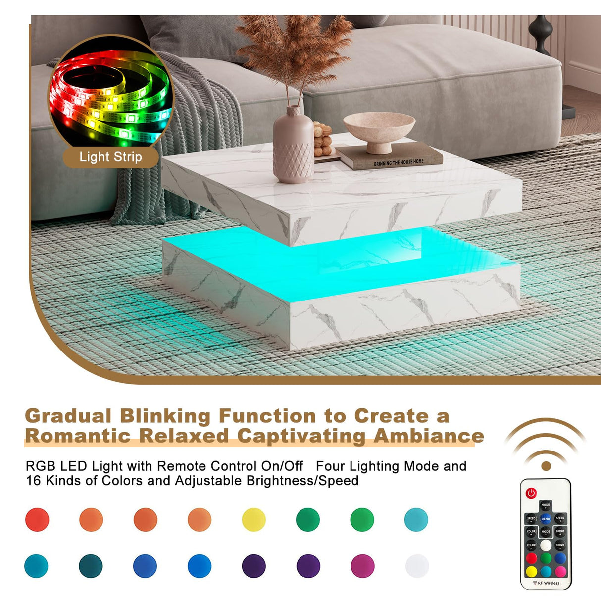 HedoAjim White Marble LED Coffee Table for Living Room, Living Room Table 2-Tier Square Middle Center Table, Modern Coffee Tables with Storage, Contemporary Wood Tea Tables for Dining Reception HedoAjim