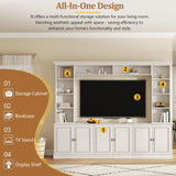 97.4"W Elegant 4-Piece Wall Unit Entertainment Center with Bookshelf for TVs Up to 70", Versatile TV Stand with Adjustable Shelf and Bridge, Mid-Century Media Console for Living Room (White/TV) Hlcodca