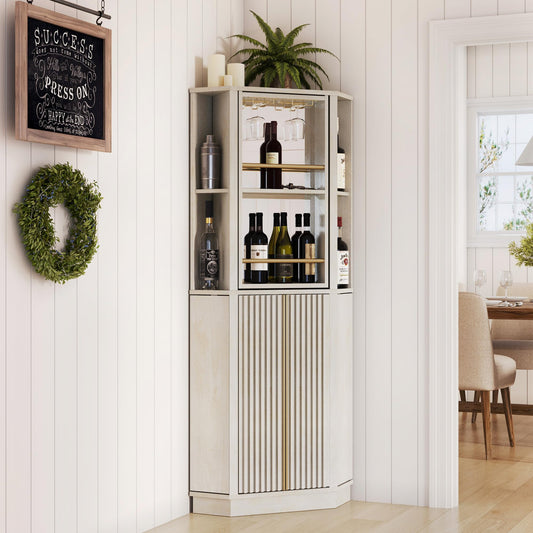 BELLEZE 68" Tall Farmhouse Corner Bar Storage Cabinet with Rotating Wine Rack, Modern Home Bar Liquor Storage Cabinet for Dining Room, Living Room & Kitchen, White Sand