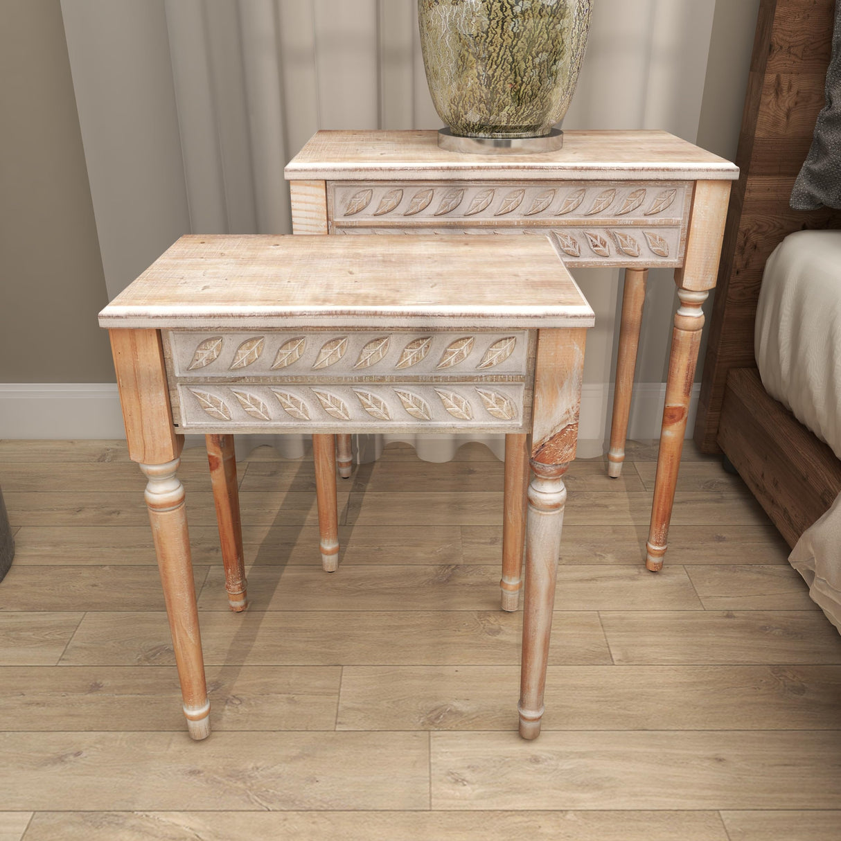 Deco 79 Wooden Leaf Side End Accent Table Intricately Carved End Table, Set of 2 Side Table 22", 25"H, Brown Deco 79