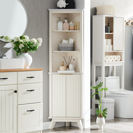 RedLemon 68" Tall Corner Cabinet, Modern Fluted Storage Cabinet with Faux Marble Top & Adjustable Shelves, Curved Profile Design, Space Saver for Bathroom, Living Room, Kitchen, Off White RedLemon