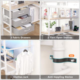 Jocoevol Full Size Loft Bed with L-Shaped Desk, LED Lights,Charging Station, Industrial Heavy Duty Metal Loft Bed Frame with 3 Storage Shelves and 3 Fabric Drawers, Safety Guard & Ladder, White Jocoevol