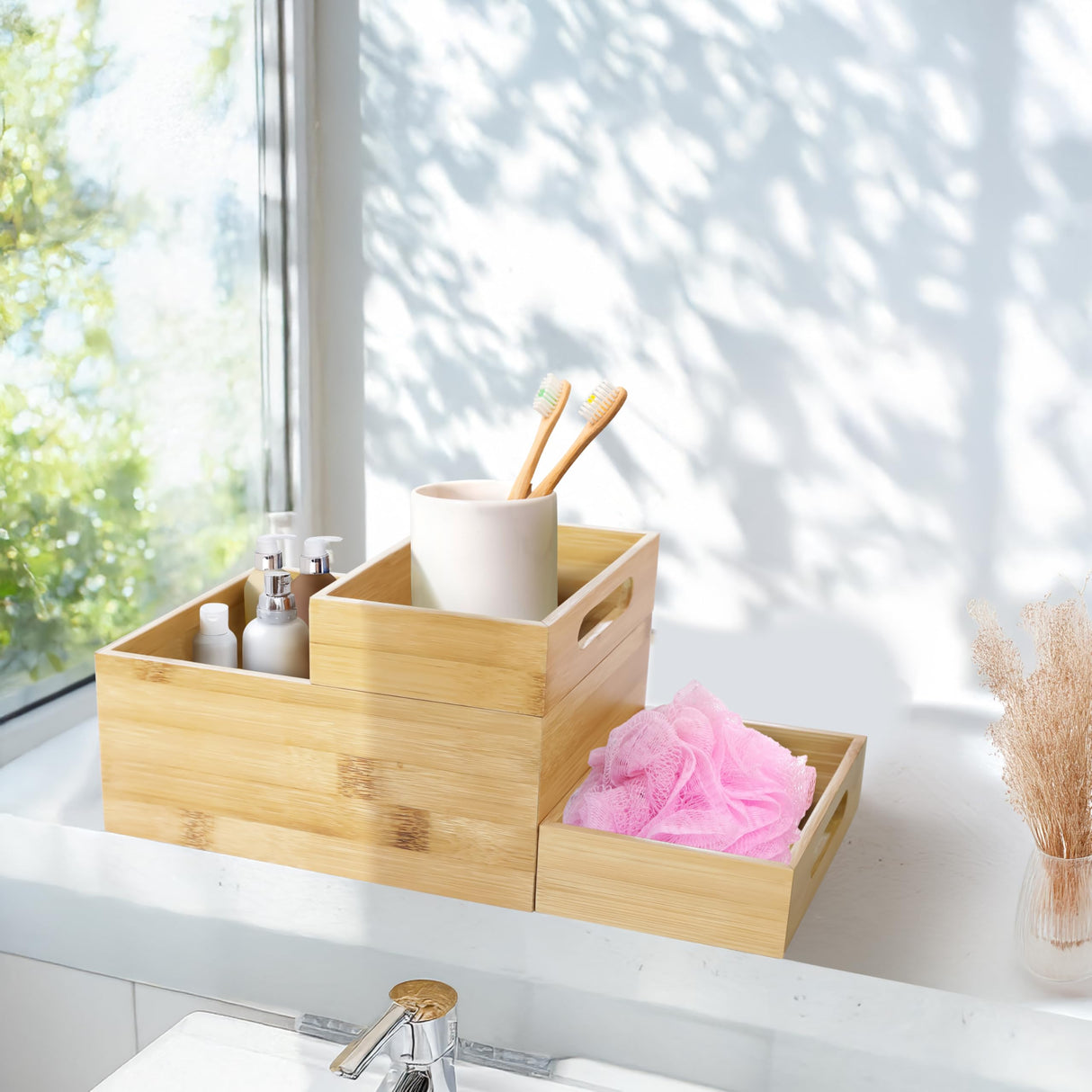 HOMESTEAD 3-Piece Stackable Bamboo Storage Box, Office Desk Organizer, Wooden Boxes for Makeup Drawer Organizer Bathroom, Office Supplies, Kitchen Utensils, Bamboo Storage Containers, Jewelry Tray HOMESTEAD