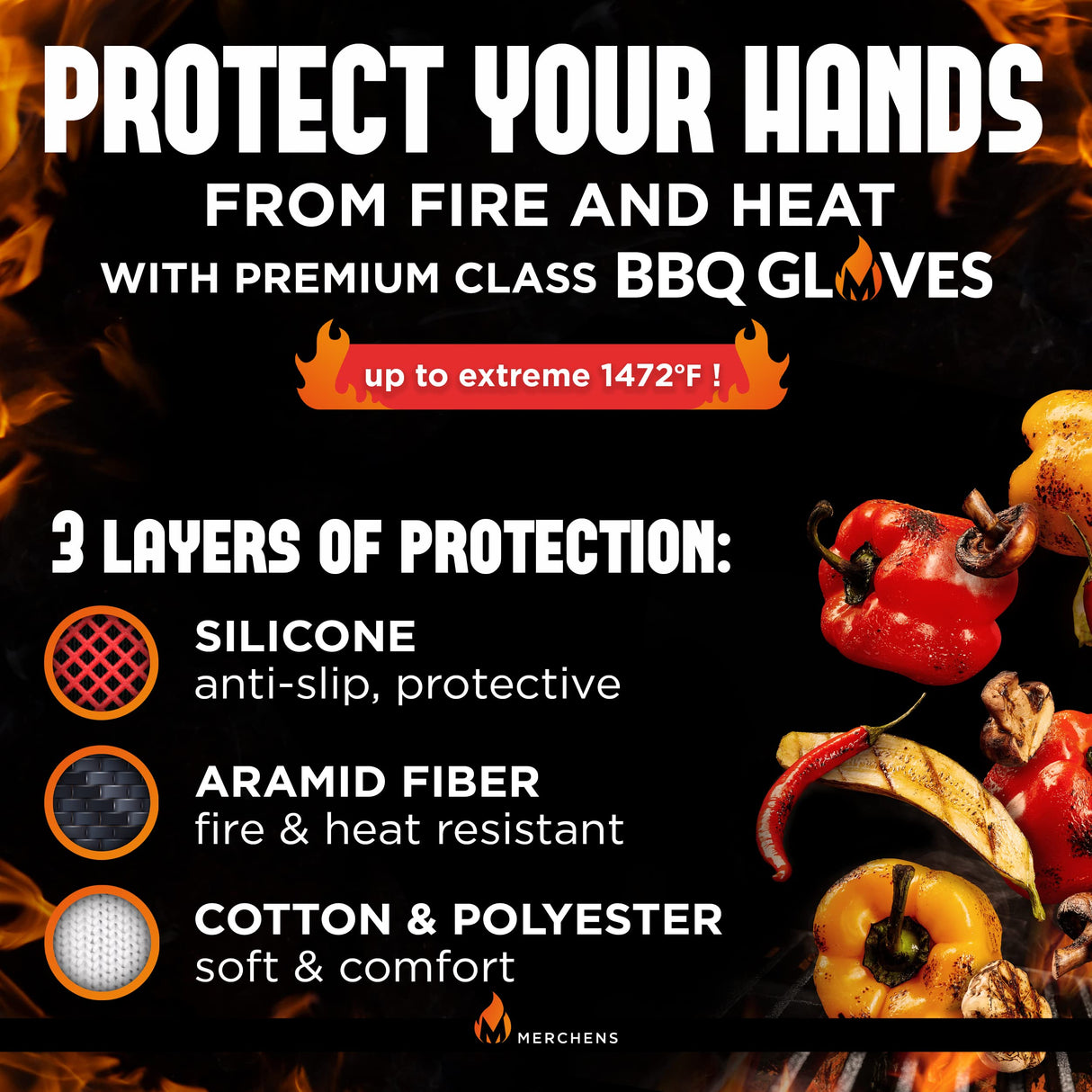 Pro-Series BBQ Gloves - Heat Resistant Grill, Grilling, and Oven Gloves for Culinary Experts - Extreme Fireproof Protection, Silicone Grip, Extra Long Mitts - Indoor & Outdoor - with Protective case M MERCHENS