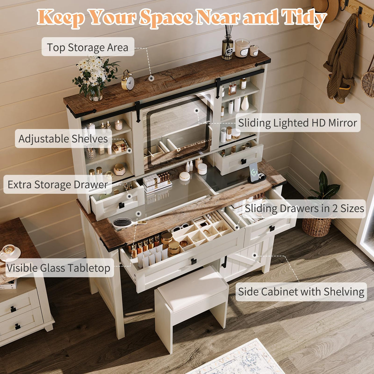 AMERLIFE 42'' Farmhouse Makeup Vanity Desk with Sliding Mirror and Lights, Glass Tabletop Vanity Table with 2 Drawers & Shelves for Bedroom(NO Bench), Antique White AMERLIFE