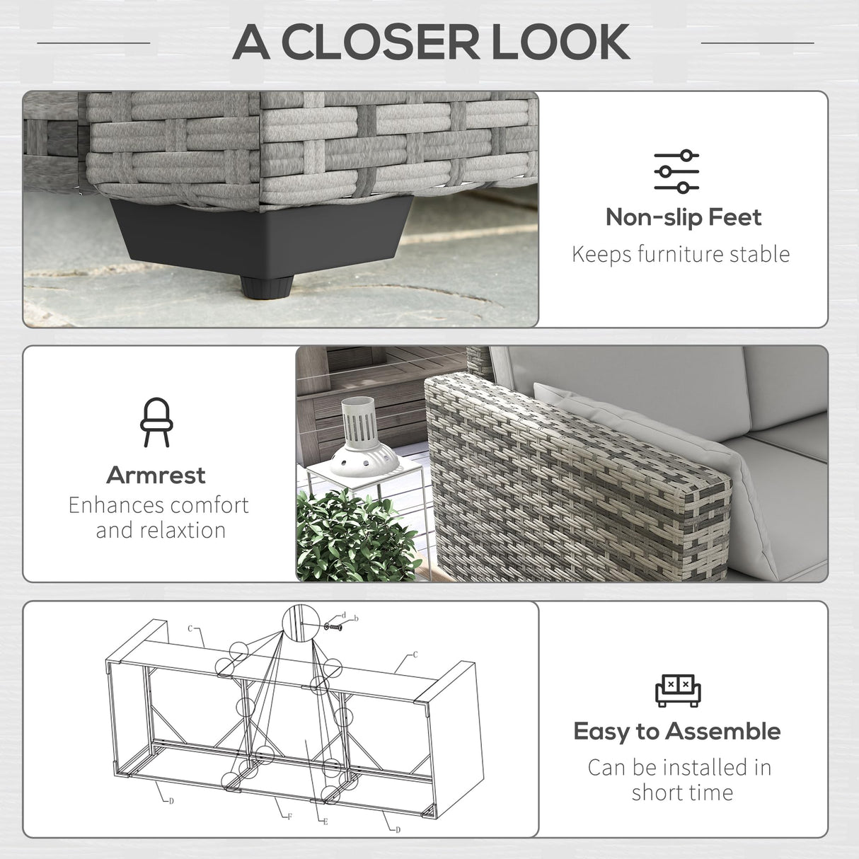 Outsunny Patio Couch PE Wicker Deep Seating Outdoor Sofa with Removable Cushions, 3 Seater Rattan Sofa, Outdoor Furniture for Balcony, Deck, Garden and Poolside, Gray Outsunny