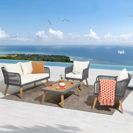 Patiorama 4 Piece Patio Furniture Set, Outdoor FSC Certified Acacia Wood Conversation Set, All-Weather Rope Sofa Set w/Coffee Table, Loveseat, Modern Deep Seating Set for Lawn Balcony Poolside, Cream Patiorama