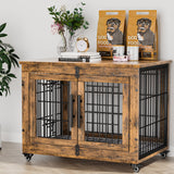 Lulive Dog Crate Furniture, Dog Kennel Indoor Double Doors Wooden Dog Cage, 33'' Heavy Duty Dog Crate with Cushion & Wheels, Decorative End Table Pet House Chew-Resistant for Medium/Small Dog, Brown Lulive