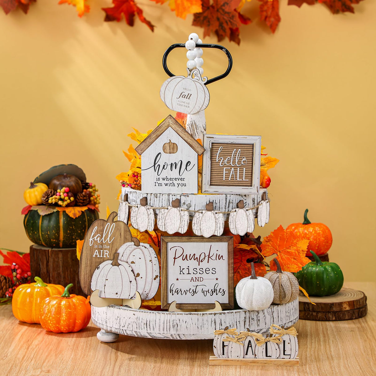 Reallnaive 18 Pcs Fall Thanksgiving Tiered Tray Decor Set Pumpkin Wood Sign Hello Fall Rustic Farmhouse Tray Decoration Tabletop Sign for Autumn Home Kitchen Festival (Neutral) Reallnaive