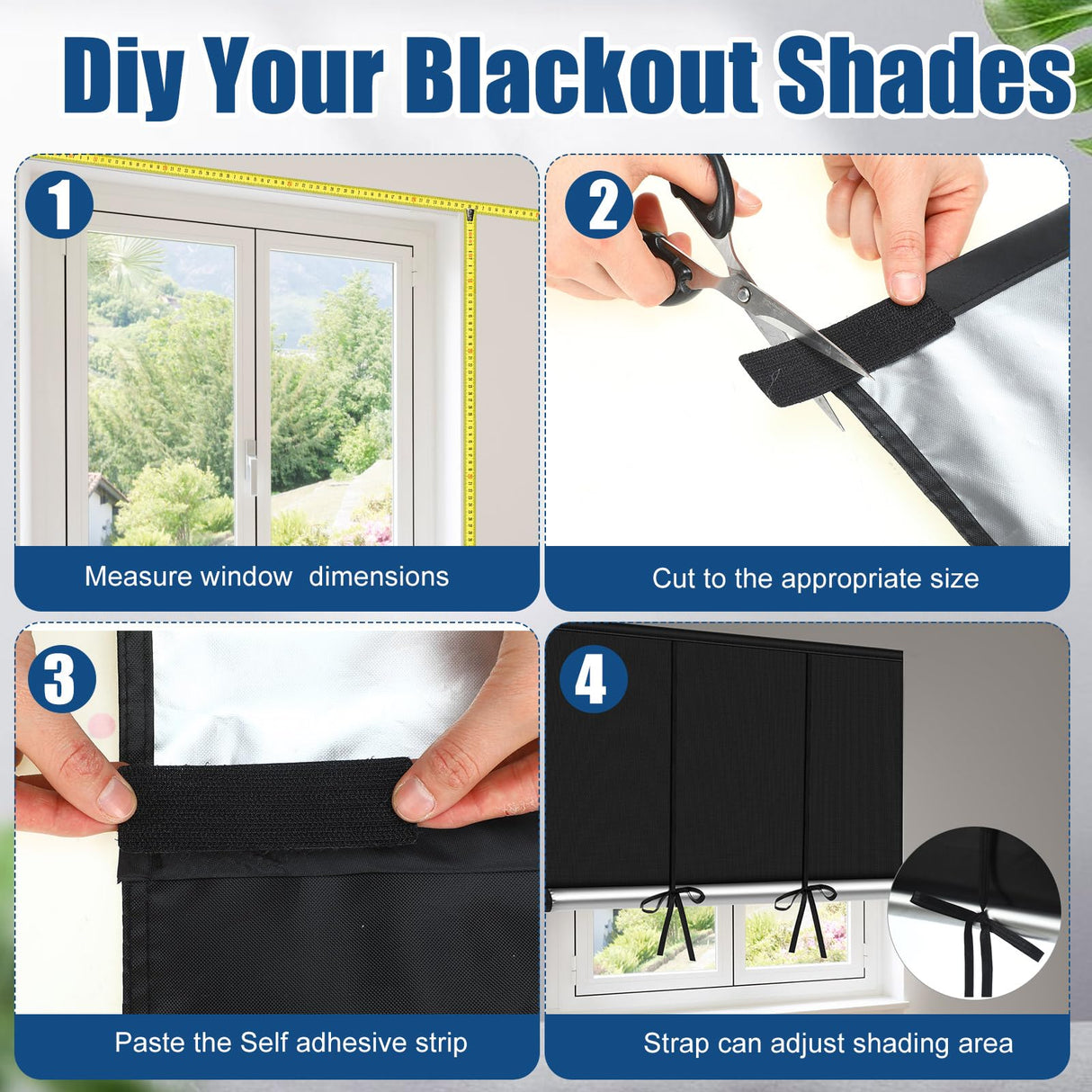 Blackout Roller Shades for Window Adjustable Blackout Blinds with Ties Self Adhesive, UV Protection, Privacy Window Shades Portable No Tools No Drill Blinds for Room Office RV Travel(36''w X 72''h) Fanfanwin