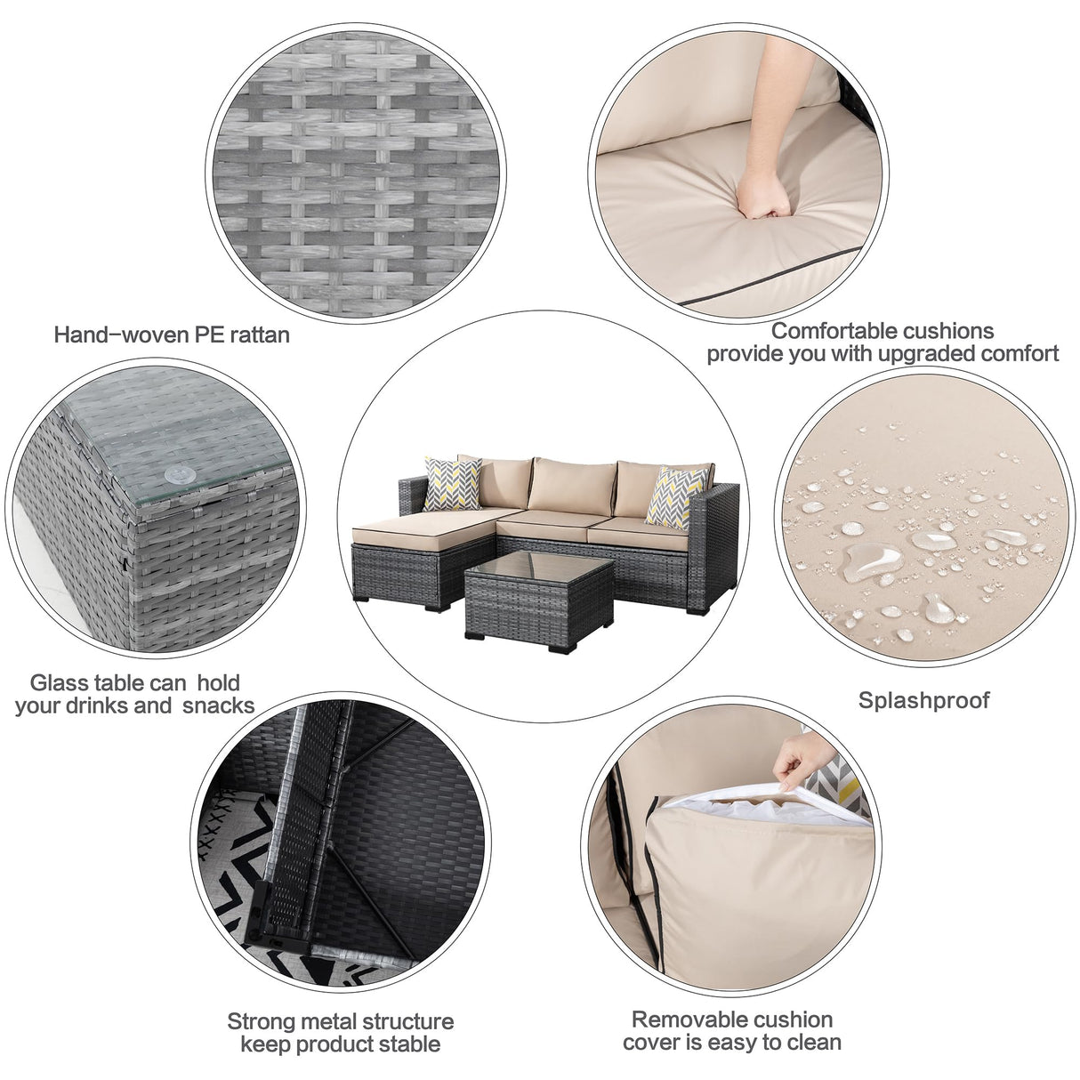 Shintenchi 3 Pieces Patio Furniture Set,All-Weather Rattan Patio Conversation Set,Outdoor Sectional Silver Wicker Patio Couch with Washable Cushions and Glass Coffee Table(Khaki) Shintenchi