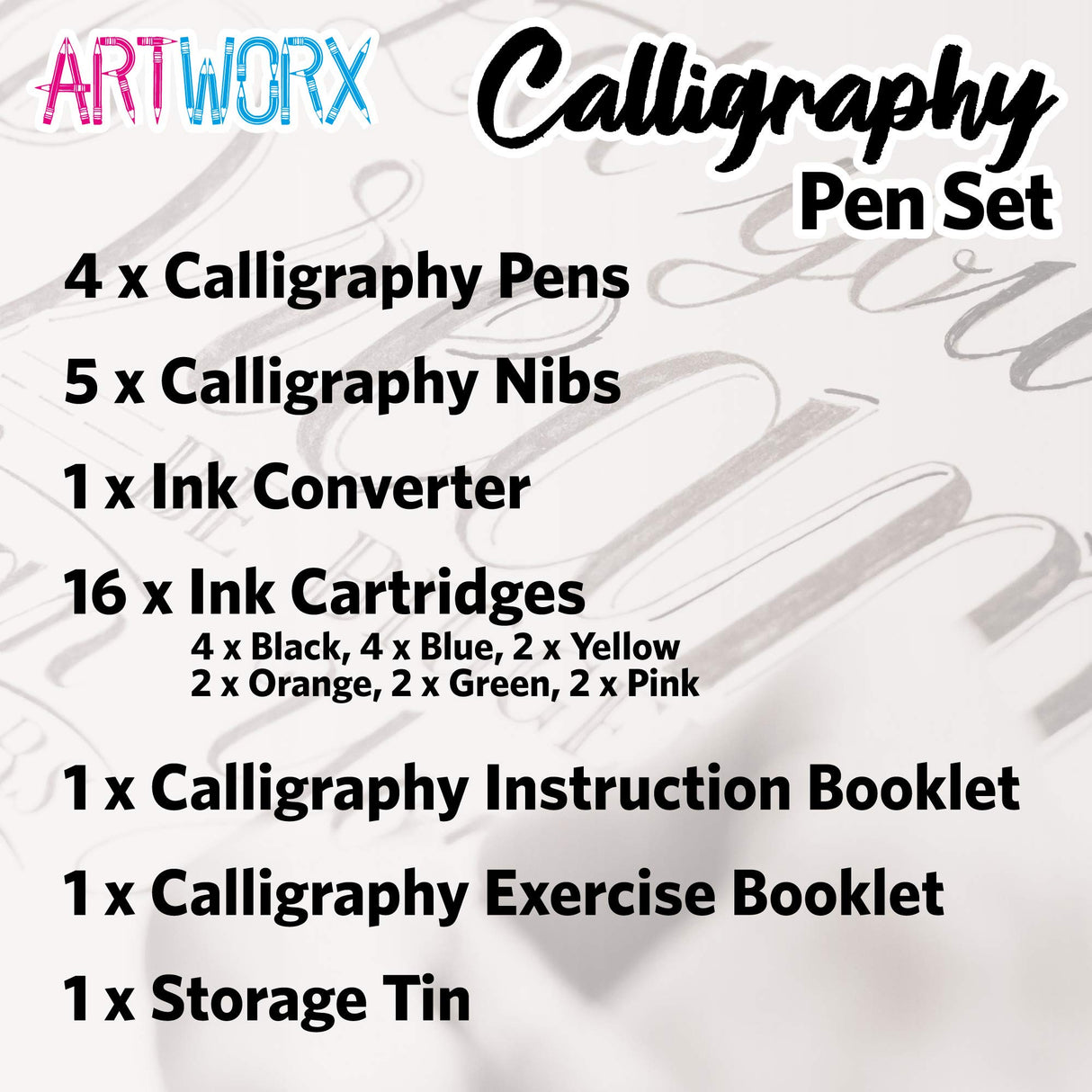 Artworx Calligraphy Pens Set - Introductory Caligraphy Writing & Hand Lettering Kit - Includes Instructions, Guide Book and Practice Book - Calligraphy Set For Beginners Artworx