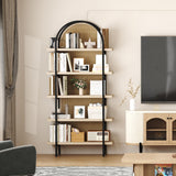 Yusong Bookshelf Rattan 5 Tier Arched Bookcase, 74" Tall Industrial Open Book Shelves for Living Room, Modern Freestanding Display Shelving Boho Storage Rack with Metal Frame for Office, Brown Yusong