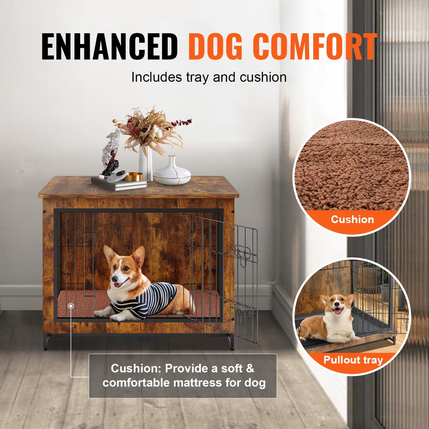 VEVOR Dog Crate Furniture, 32 inch Wooden Dog Crate with Double Doors, Heavy-Duty Dog Cage End Table with Multi-Purpose Removable Tray, Modern Dog Kennel Indoor for Dogs up to 45lb, Rustic Br - WoodArtSupply