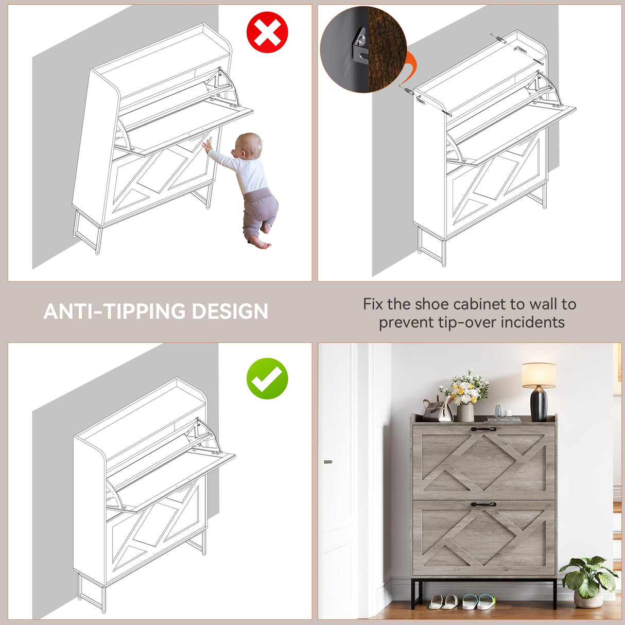 Nicetree Shoe Storage Cabinet with 2 Flip Drawers, Freestanding Shoe Organizer, Shoe Cabinet with Metal Legs, Narrow Shoe Rack Cabinet, Farmhouse Slim Shoe Cabinet for Entryway, Hallway, Rustic Gray Nicetree